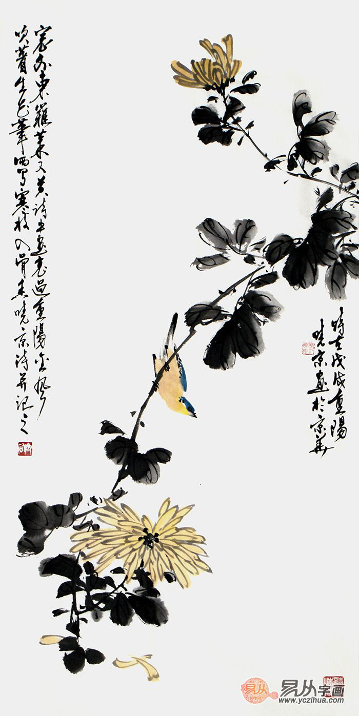 实 力派画家郑晓京三尺竖幅诗画作品《重阳菊花》选自:易从网