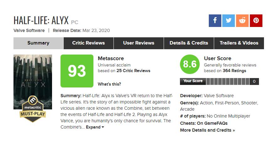 《半条命：爱莉克斯》评分解禁IGN10分MC均分93