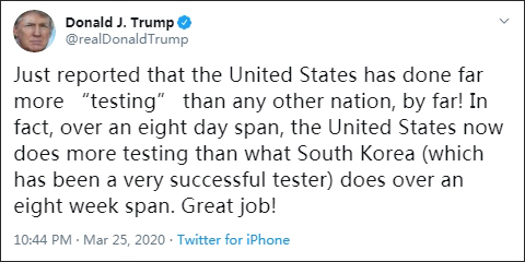 特朗普：美国已检测30万人，世界第一！