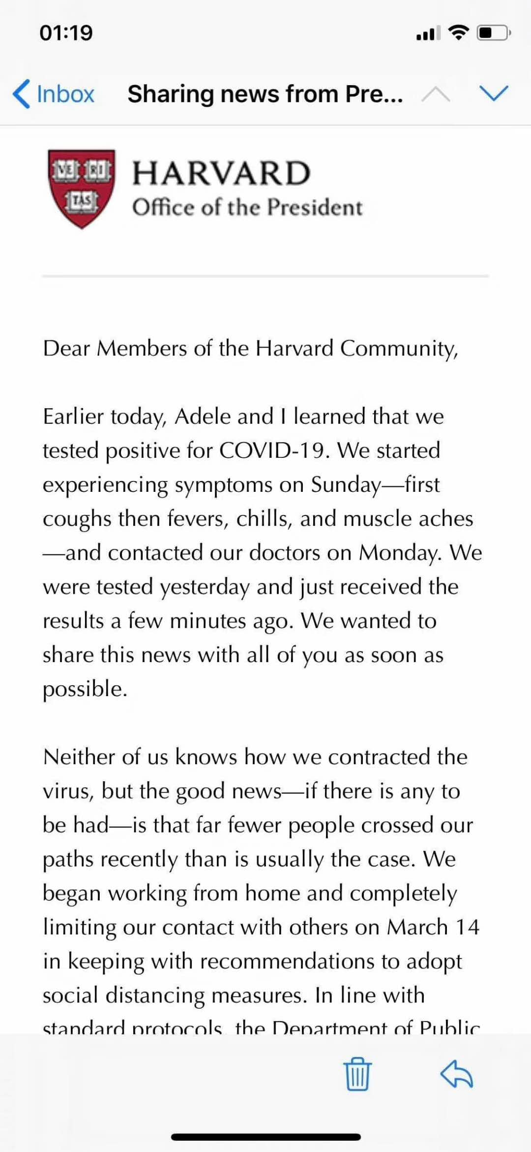 哈佛大学校长及妻子新冠病毒检测呈阳性