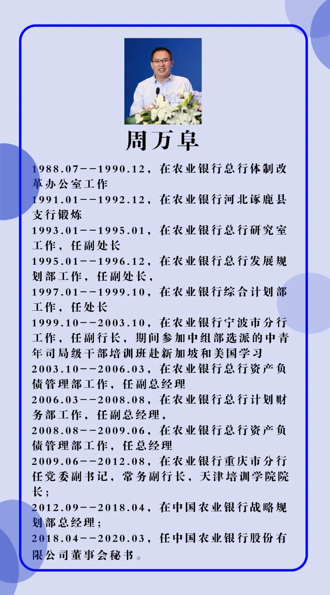 农行董秘周万阜将转任交行副行长