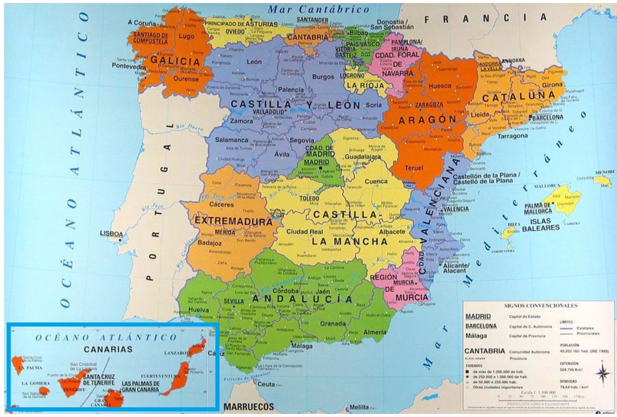 我们先看一下加那利群岛的位置: 在所有正规的西班牙地图中,我们都会