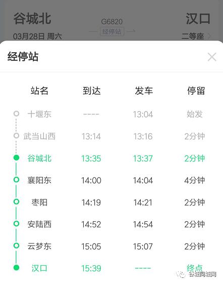 这次发往汉口的g6820次列车,是谷城北站停运以来首列公开售票的列车