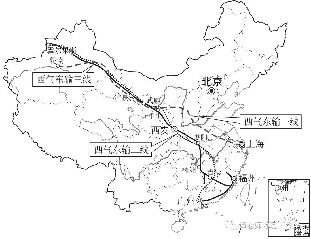 (1)西气东输三条线路都经过我国面积最大的省级行政区 (填全称),其中