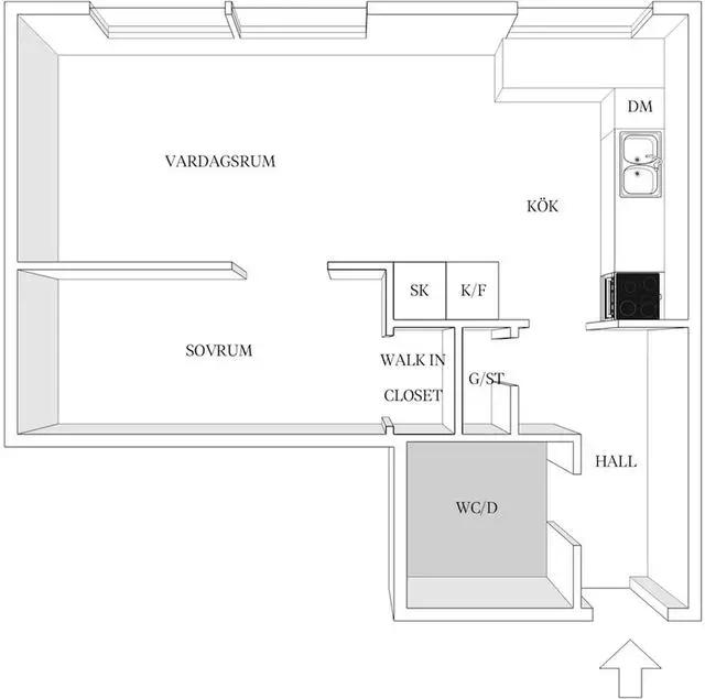 46㎡一室公寓墙面挂衣架,步入式衣帽间,地台沙发,小户型大设计