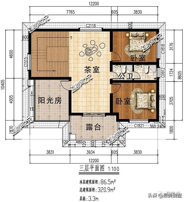 三层:阳光房和茶室增添生活情趣,浇花喝茶,晒太阳看书,露台方便晾晒