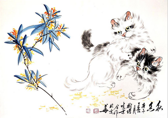 京城花鸟名家张树增画猫郑晓京辅景合作册页赏析