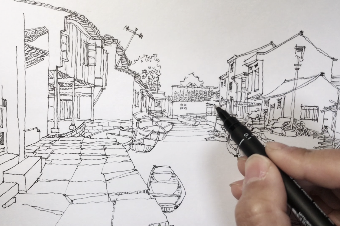 江南水乡钢笔画风景速写,碉堡的绘画过程,这些地方你认识几个?