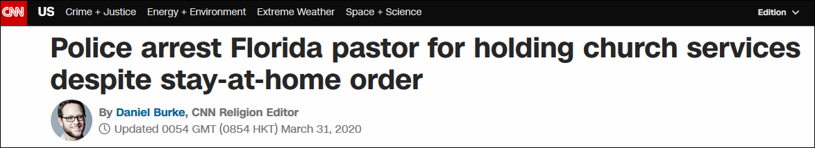美国牧师不顾“居家限制令”举行大型礼拜集会
