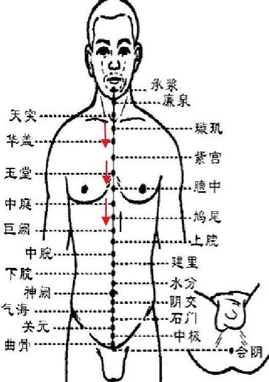 我们刮痧取天突穴(胸骨上窝正中)至巨阙穴(胸剑联合中点下2寸)一段.