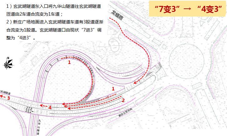 调整后,玄武湖隧道东入口将九华山隧道往玄武湖隧道匝道由2 车道合流