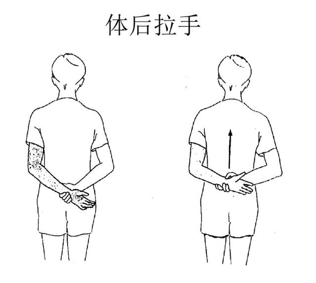 6,体后拉手:患者自然站立,患侧上肢内旋并向后伸,健侧手拉患侧手或腕
