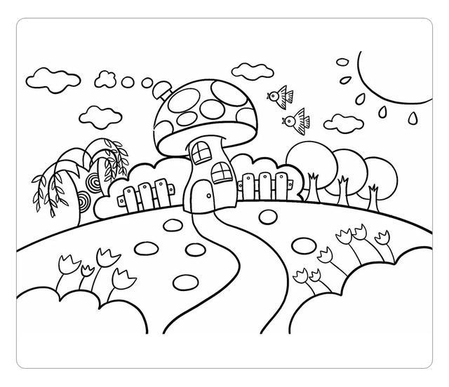 这幅风景画,我们画了蘑菇屋,小路,石板,小鸟,花草,树木.