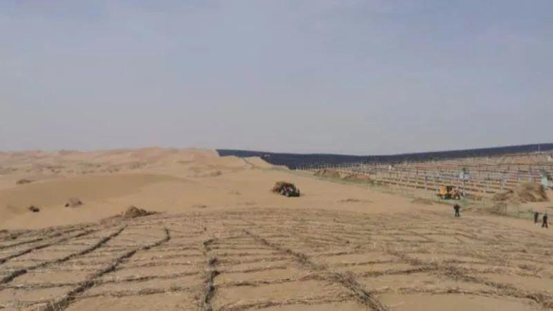 在库布其沙漠生态光伏基地,起伏的千里沙漠当中,排列着连绵的光伏电板