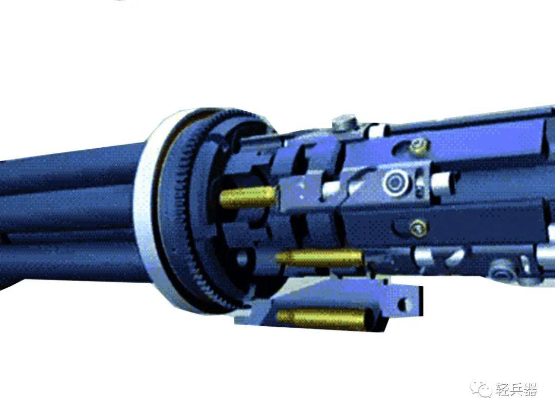 其由电动机带动6根枪管旋转,当每根枪管依次转到12点钟位置时击发.