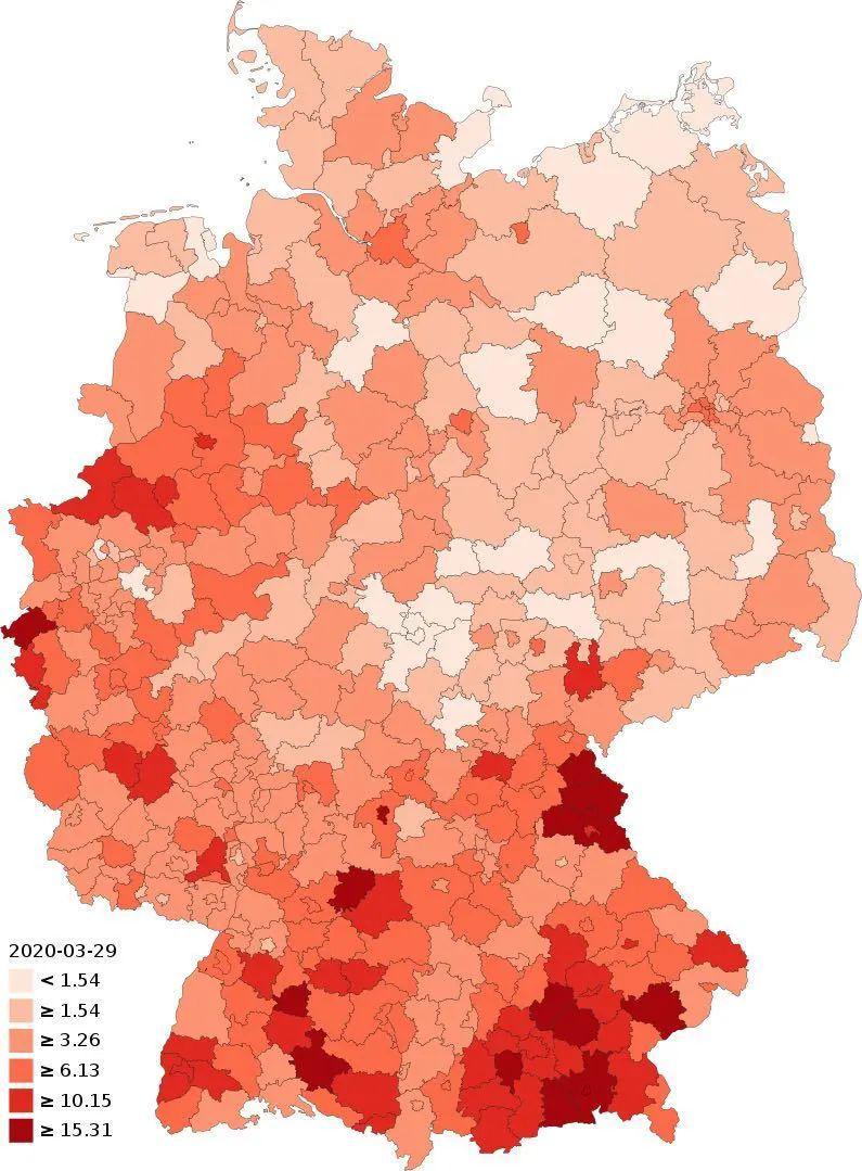 根据德国3月24日的病患总数来按行政区域划分,可以看到很明显的 分