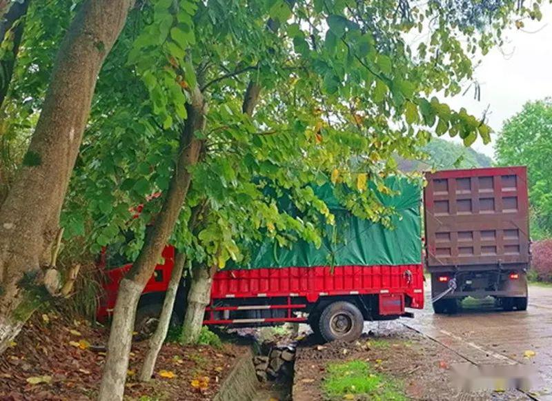 雨天路滑,一小型货车在宜州境内冲出路边,所幸无人伤亡