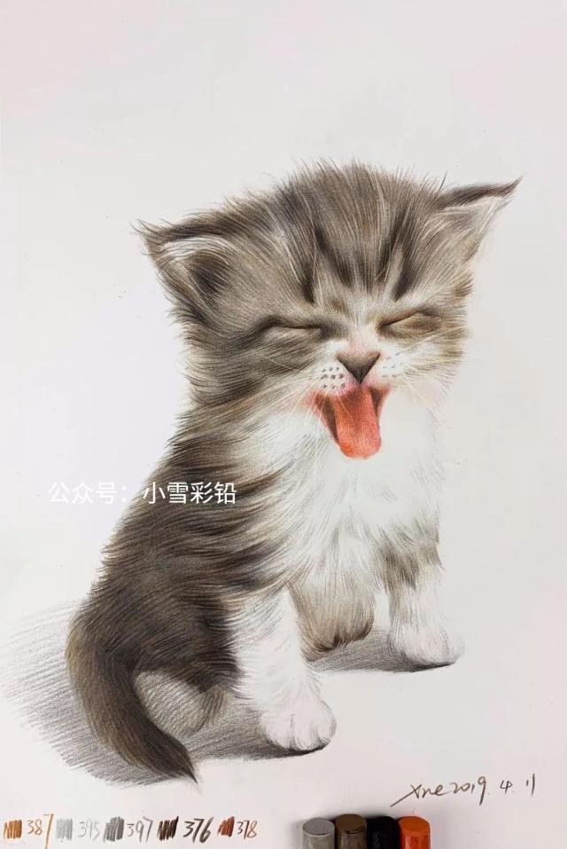 闭着眼睛卖萌的小猫咪可爱吧 彩铅画一只喵星人