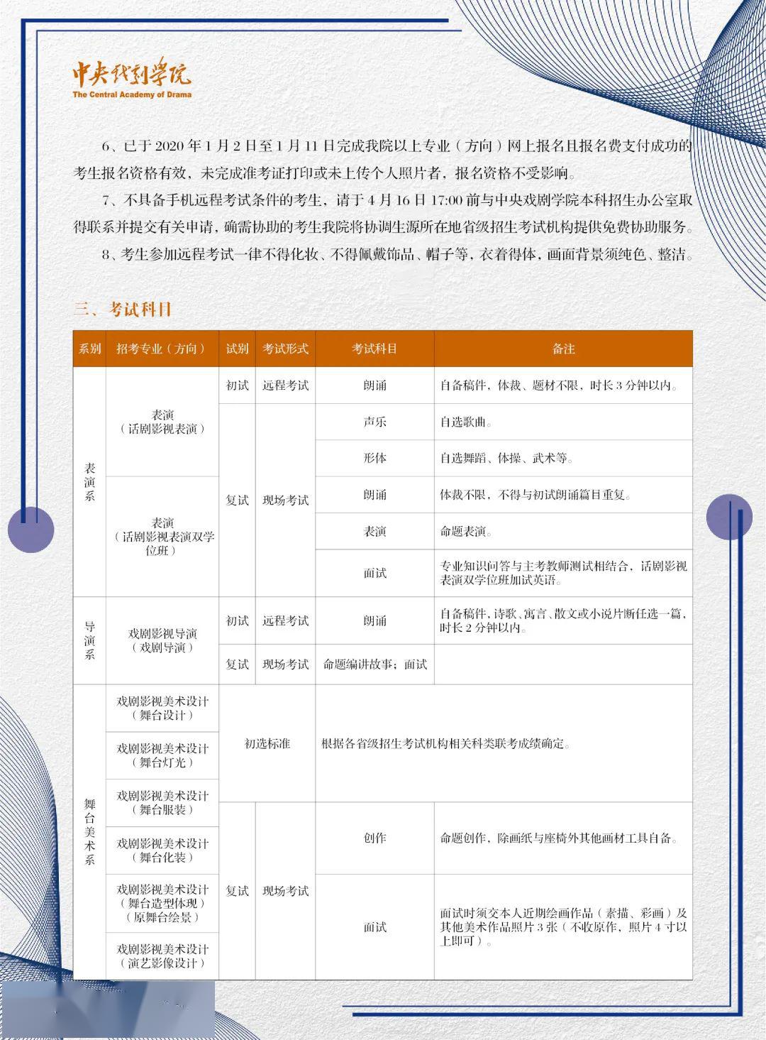 中央戲劇學院2020年本科招生專業(yè)考試調(diào)整方案