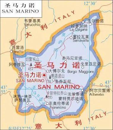 圣马力诺国土被意大利完全包围.城镇较为分散.