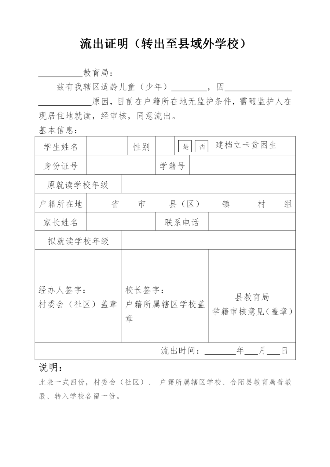 原就读学校提出转出书面申请,经学校同意后填写《流出证明》一式四份