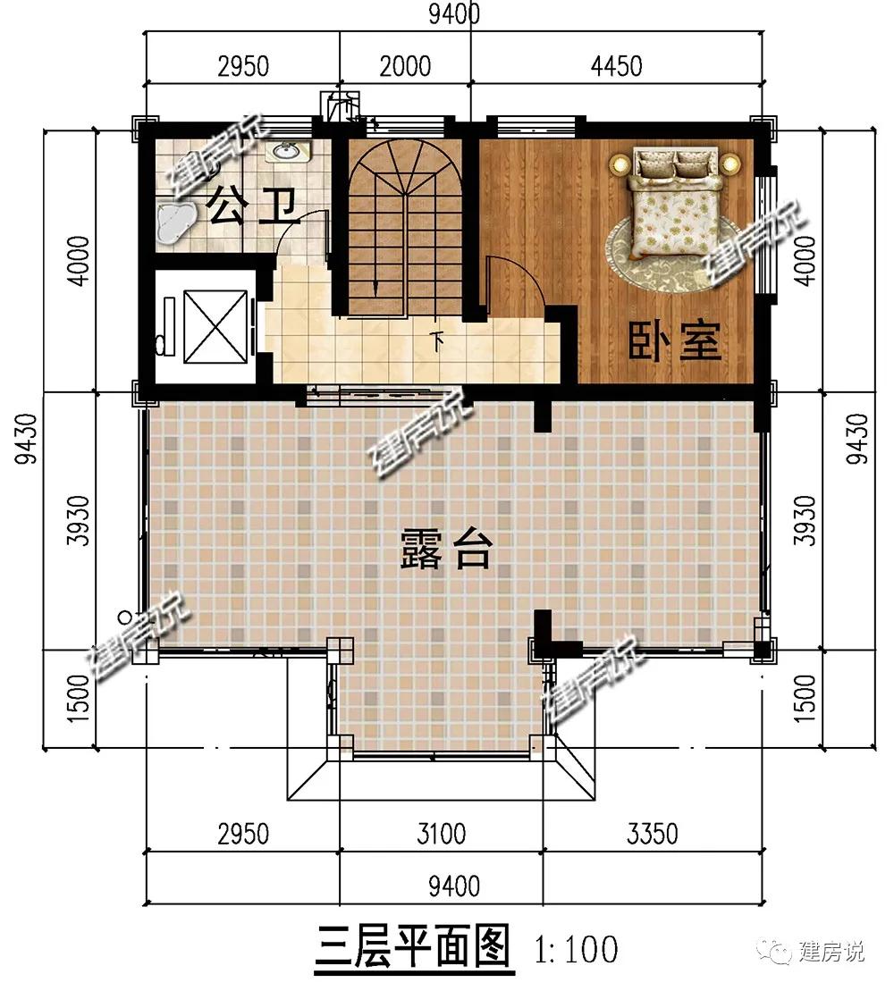 农村建房图纸:9×9米三层欧式别墅,30万建一栋,小宅基地的赶紧看过来