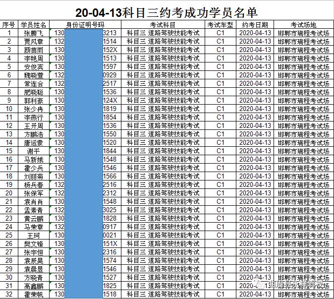 4月13日 瑞程考试场 科目三,4月11日,12日 早上 07:00带身份证驾校