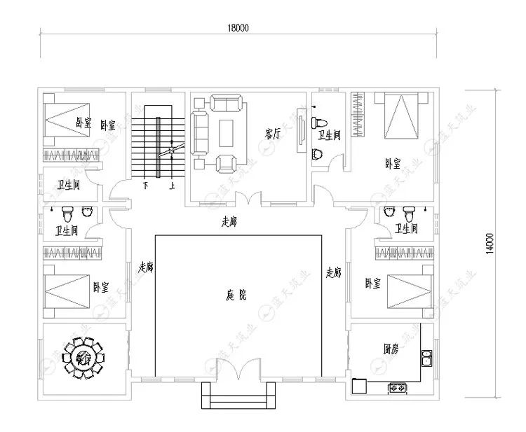 户型图设计 一层平面图 庭院 厨房 卧室 客厅 卫生间 餐厅