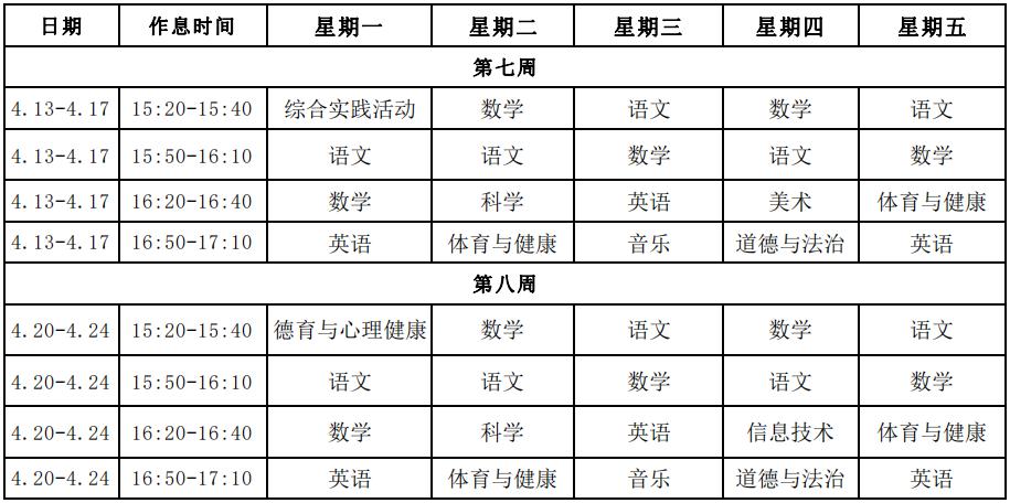 一起来看看第七周,第八周线上教学的课程安排表吧.