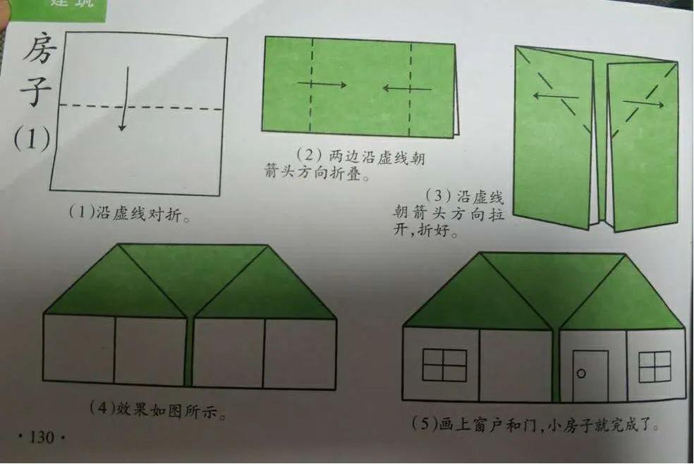 游戏玩法:详见图示游戏准备:彩色折纸游戏一,折纸《房子》