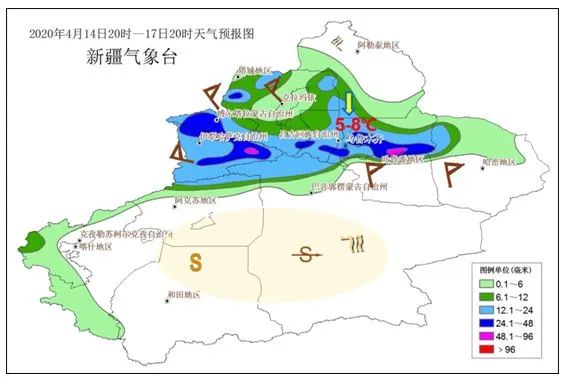 2020年4月14日20时至17日20时新疆雨雪风沙降温落区预报图