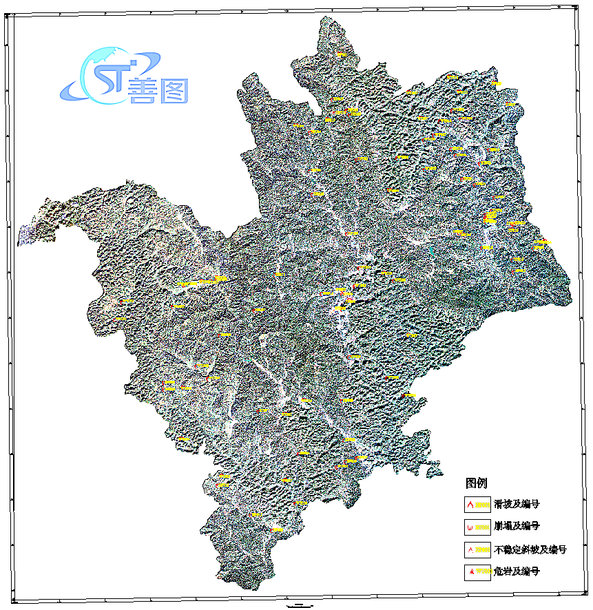 广西河池地区某县 高程分布图 地灾点分布图