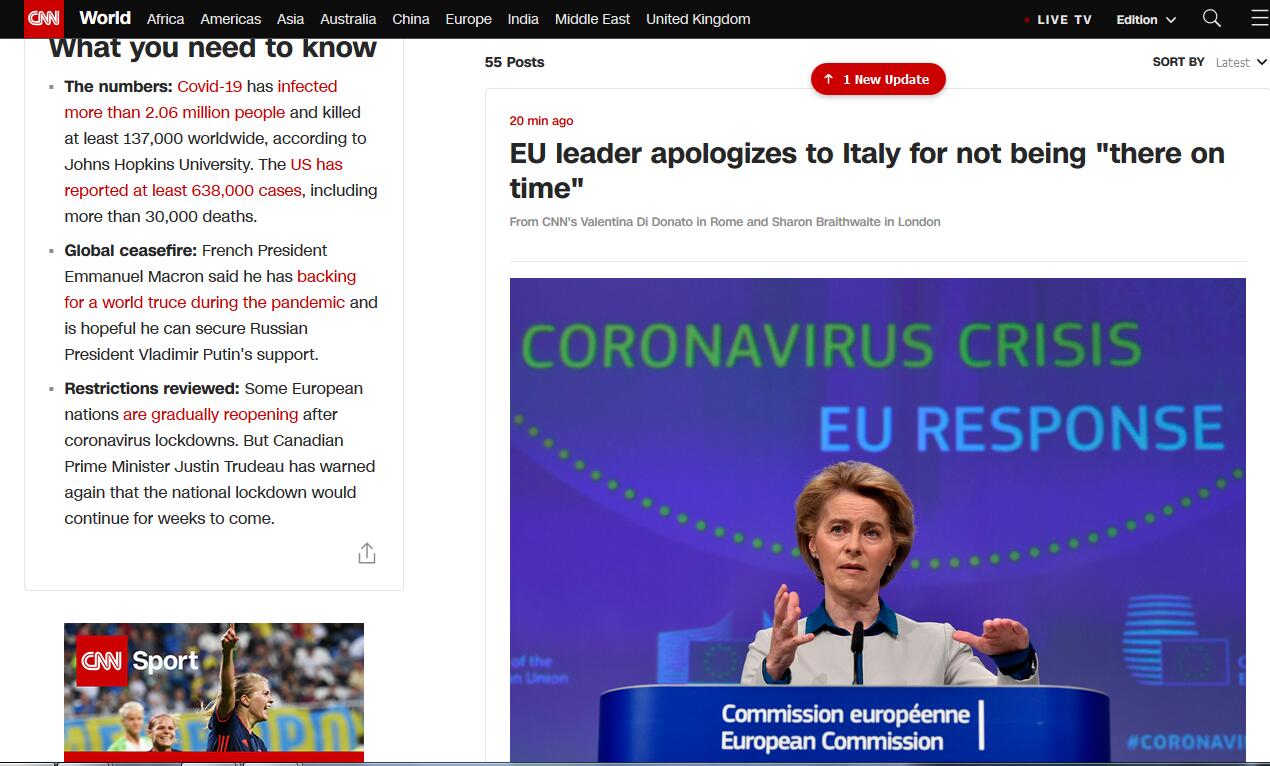 快讯！因未在该国疫情暴发初期及时提供帮助，欧盟委员会主席向意大利道歉