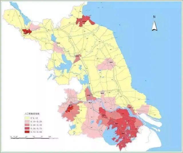 1左右,但苏南地区的人口密度达到0.75到0.