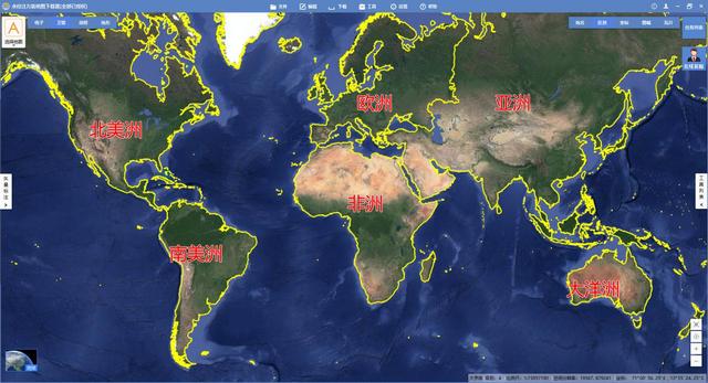 经过洲界矢量数据的叠加与洲名称标注之后,世界地图效果如下图所示.