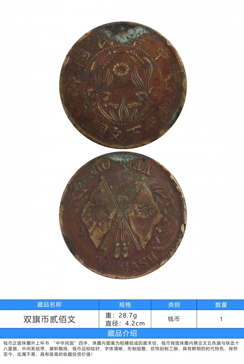 上环@精品推介：中华民国贰佰文双旗币，