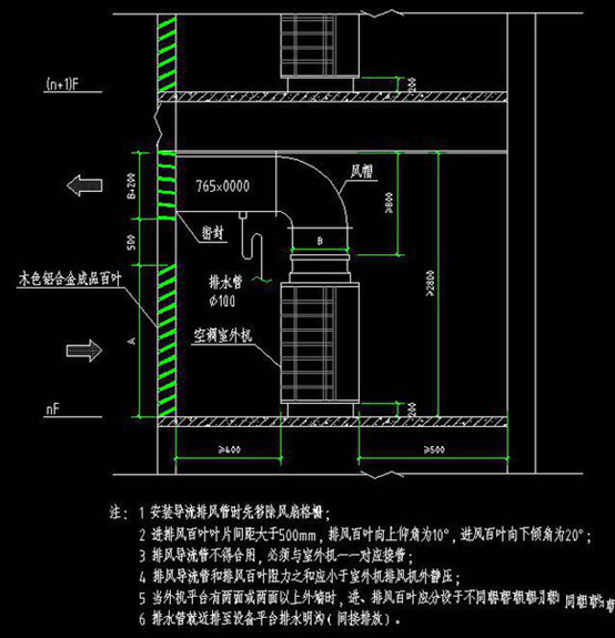 室内机安装详图:室内机接管详图:室外机基础详图:冷媒管桥架安装详图