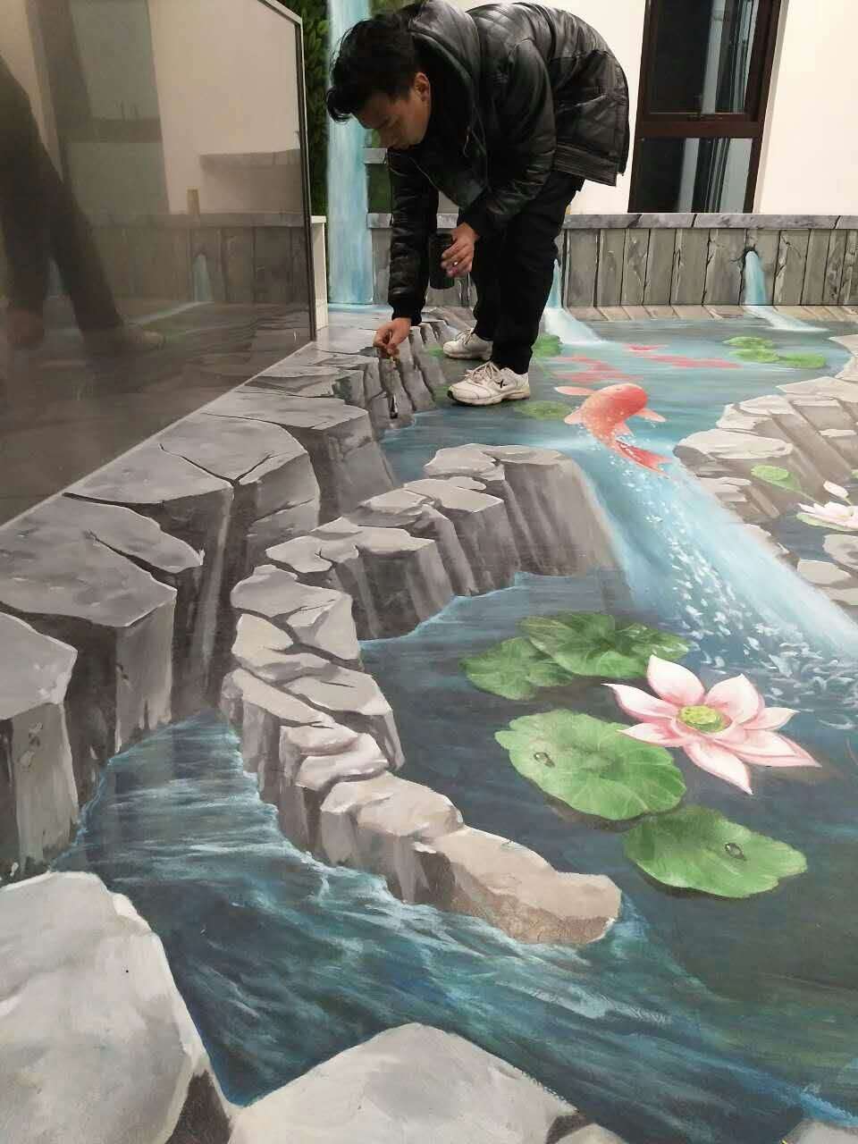 3d立体画艺术家杨彩彬手绘立体画作品鱼塘视觉艺术超震撼