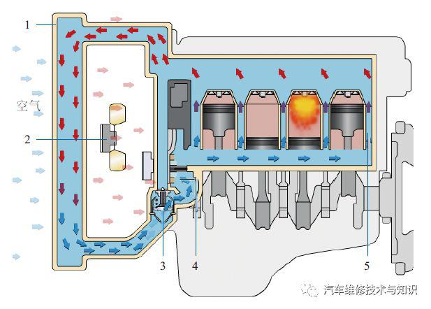 冷却系统大循环示意图 ▲ 1—散热器;2—冷却风扇; 3—节温器;4—水泵