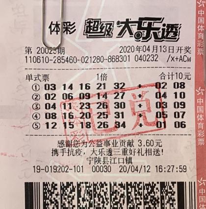 宁陕购彩者第一次买大乐透就中三等奖