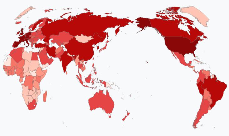 新冠疫情全球累计确诊病例地图