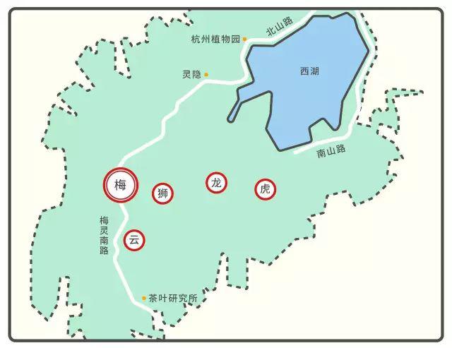 西湖龙井由五大核心产区构成:狮峰,龙井,云栖,虎跑,梅家坞.