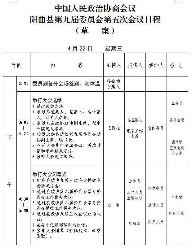 政协阳曲县第九届委员会第五次会议议程日程