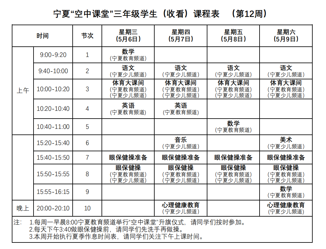 宁夏空中课堂第六期课程表来了