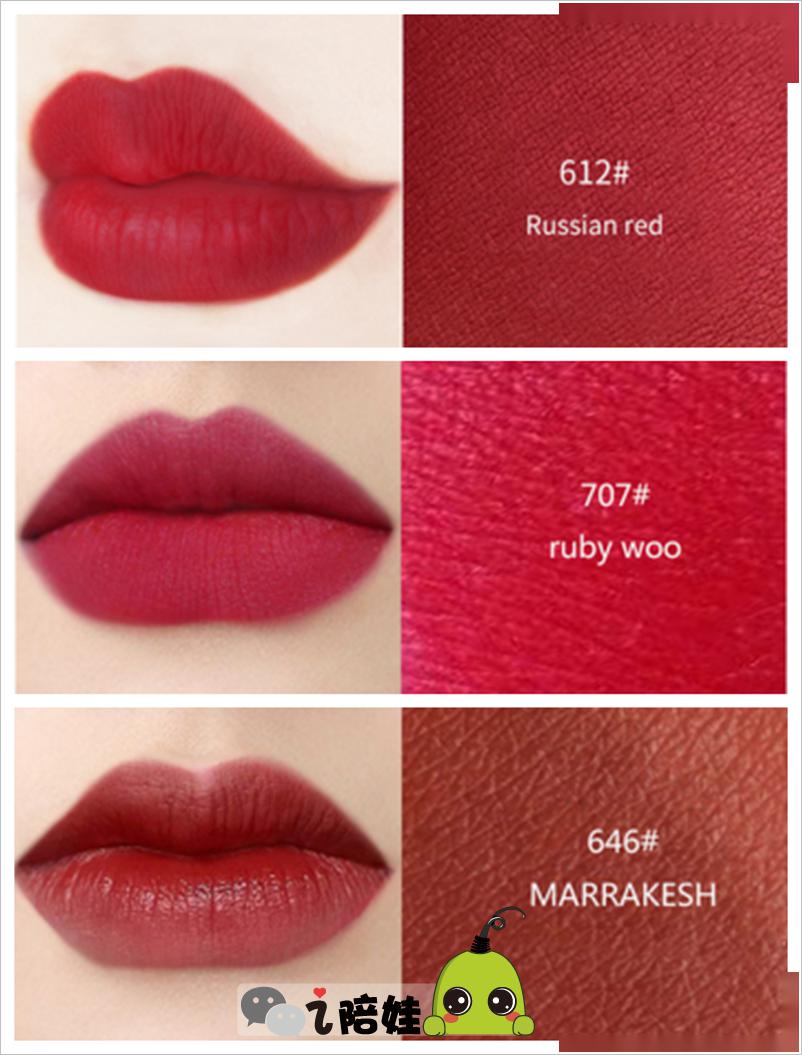 ④气场推荐 russian red 俄罗斯红,ruby woo 雾面复古红,marrakesh 棕