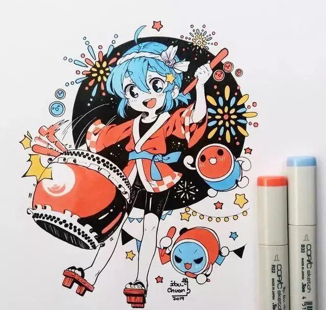 炫彩靓丽的马克笔动漫插画手稿:萌萌哒漫画美少女,让人无法抗拒