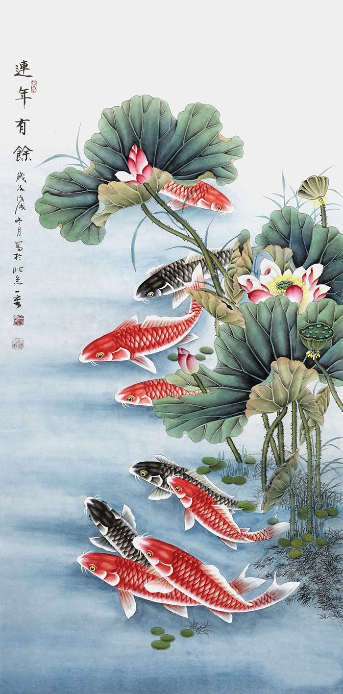 中传统的吉祥图案,九条灵动 的鲤鱼在水中嬉戏,红色的鱼有旺运之说,而