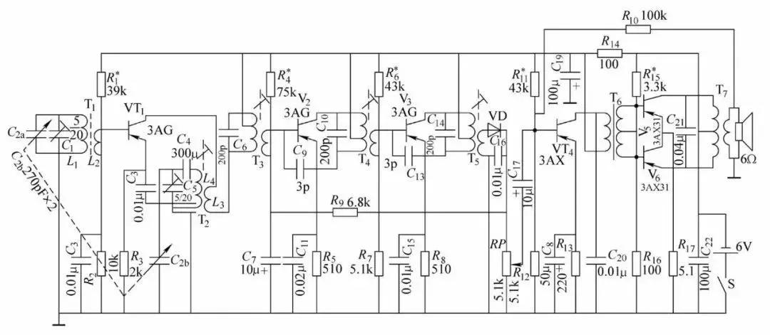 人体红外探测器电路图 六管超外差式晶体管收音机电路原理图