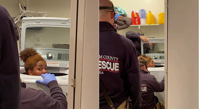 美国18岁女孩玩捉迷藏被困洗衣机内 四名消防员