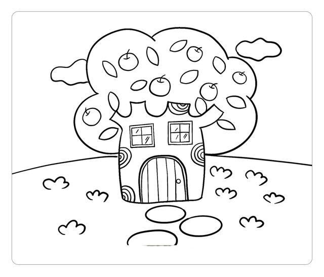 小朋友们,大家好~今天要画一幅美丽的风景简笔画:可爱的苹果树屋,先